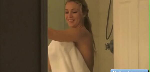  Sexy busty blonde teenager Zoey masturbate in the shower and touch herself very tender